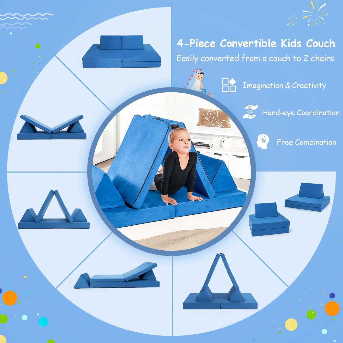 4 Pieces Convertible Kids Couch Set with 2 Folding Mats-Yellow by DirectDeals