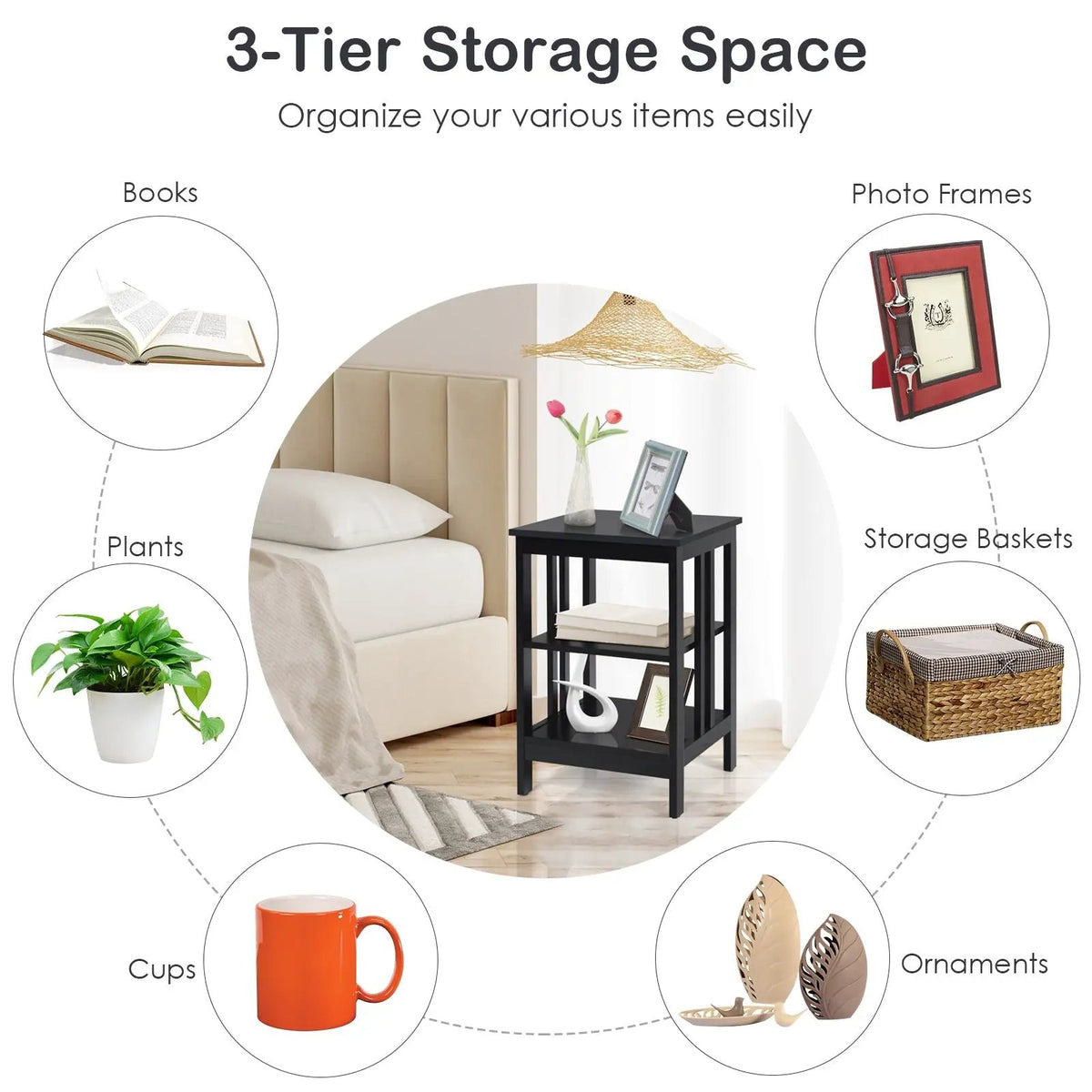 3-Tier Nightstand Sofa Side Table with Baffles and Round Corners by DirectDeals