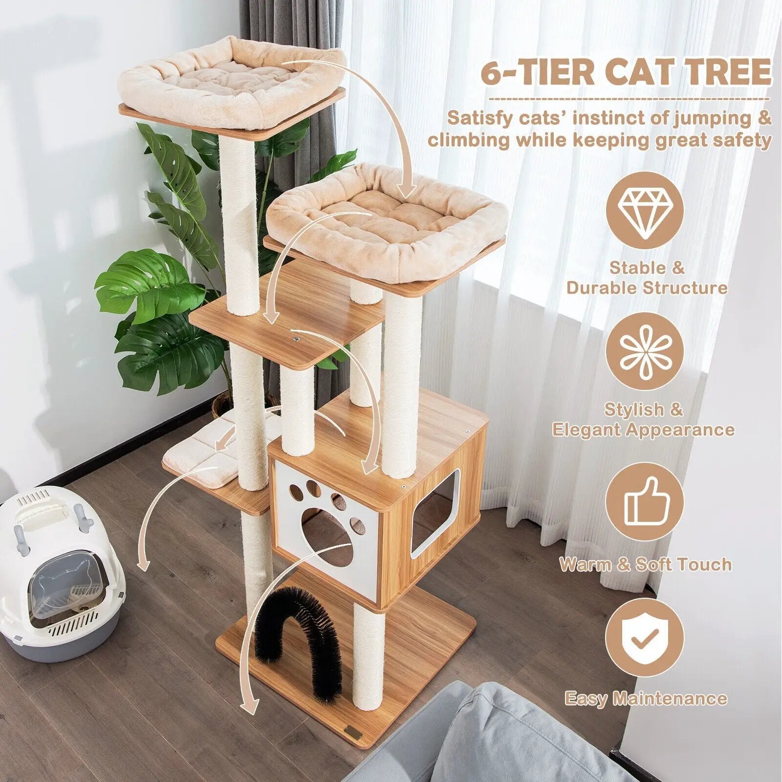 Indoor Cat Tree Tower with Platform Scratching Posts-Beige by DirectDeals
