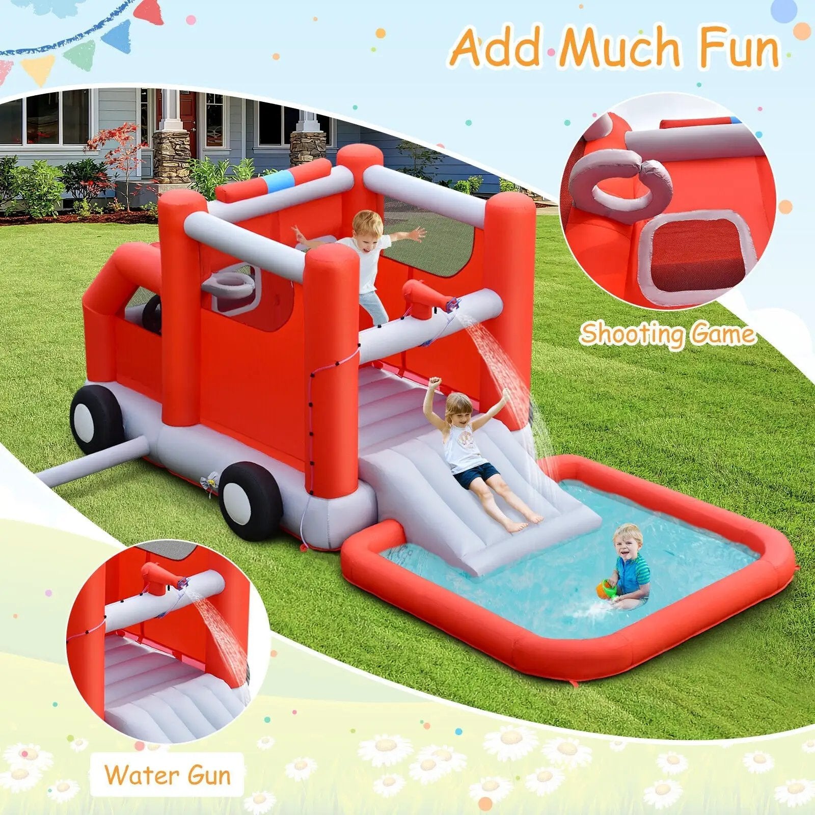 Fire Truck Themed Inflatable Castle Water Park Kids Bounce House with 480W Blower by DirectDeals