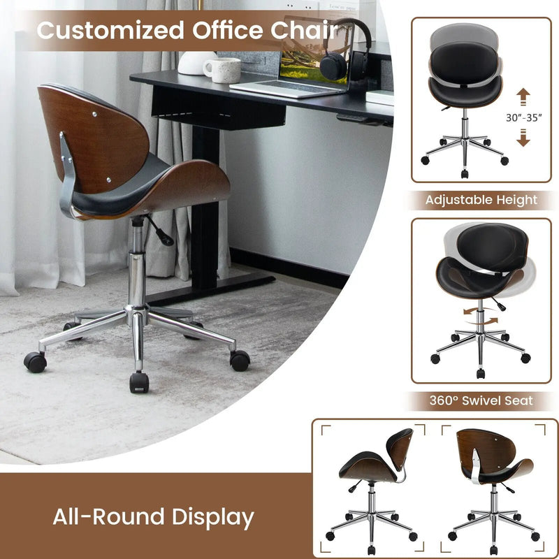 Adjustable Leather Office Chair Swivel Bentwood Desk Chair with Curved Seat-Black by DirectDeals