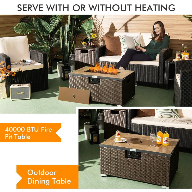 32 x 20 Inch Propane Rattan Fire Pit Table Set with Side Table Tank and Cover by DirectDeals