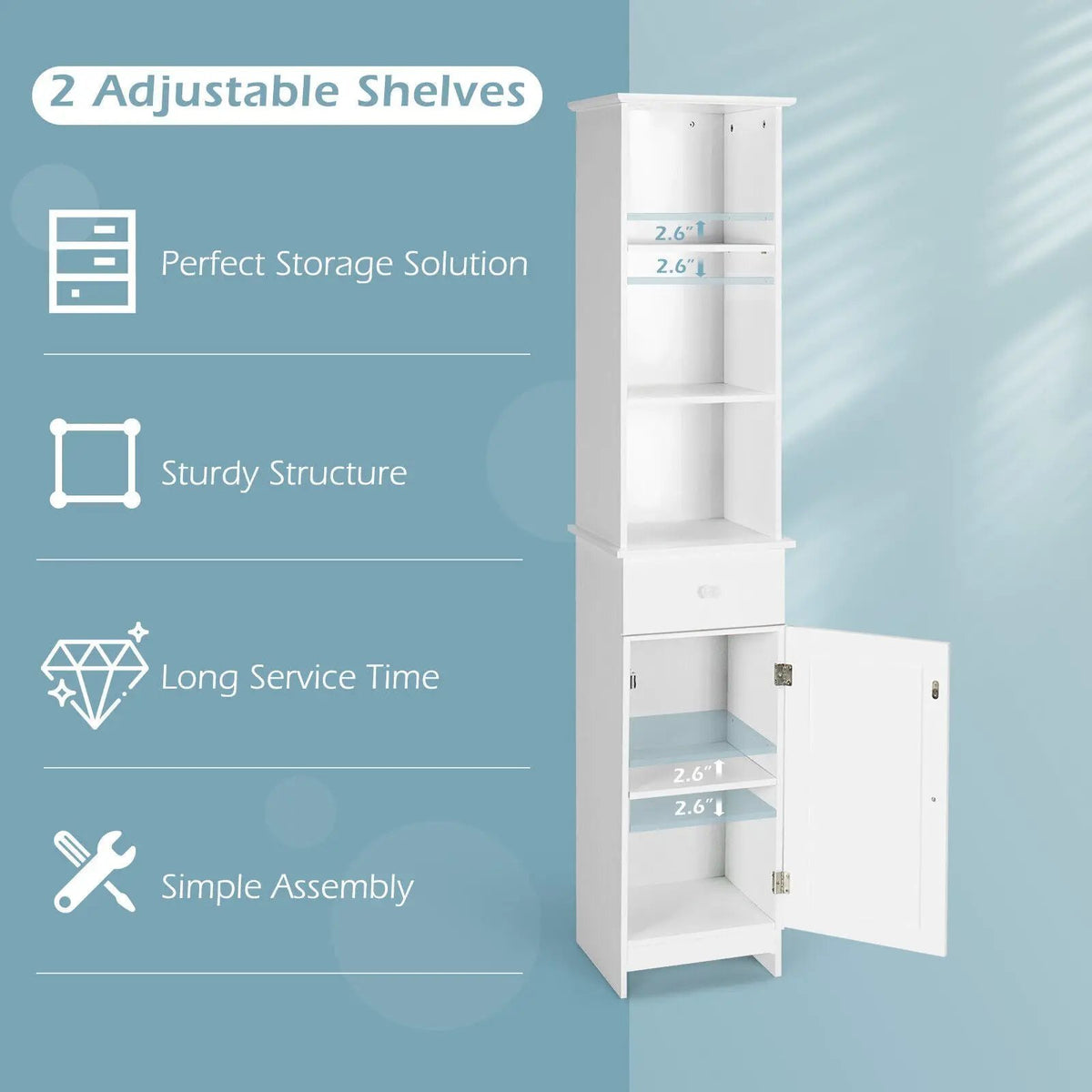 Bathroom Tall Freestanding Storage Cabinet with Open Shelves and Drawer-White by DirectDeals