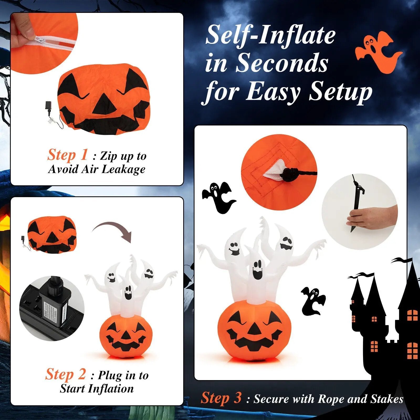 6 Feet Inflatable Halloween Ghosts with Pumpkin Decor and Rotating Lamp by DirectDeals
