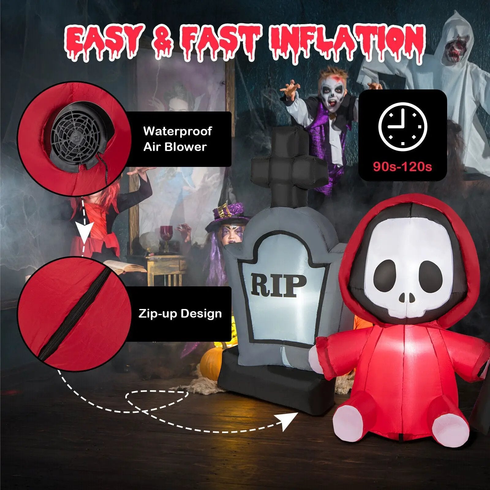 5 Feet Inflatable Halloween Ghost Holding Sickle and Tombstone Yard Decor by DirectDeals