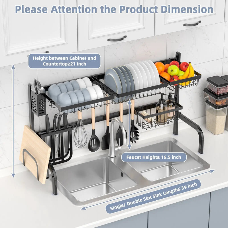 2 Tier Adjustable Over Sink Dish Drying Rack with 8 Hooks by DirectDeals