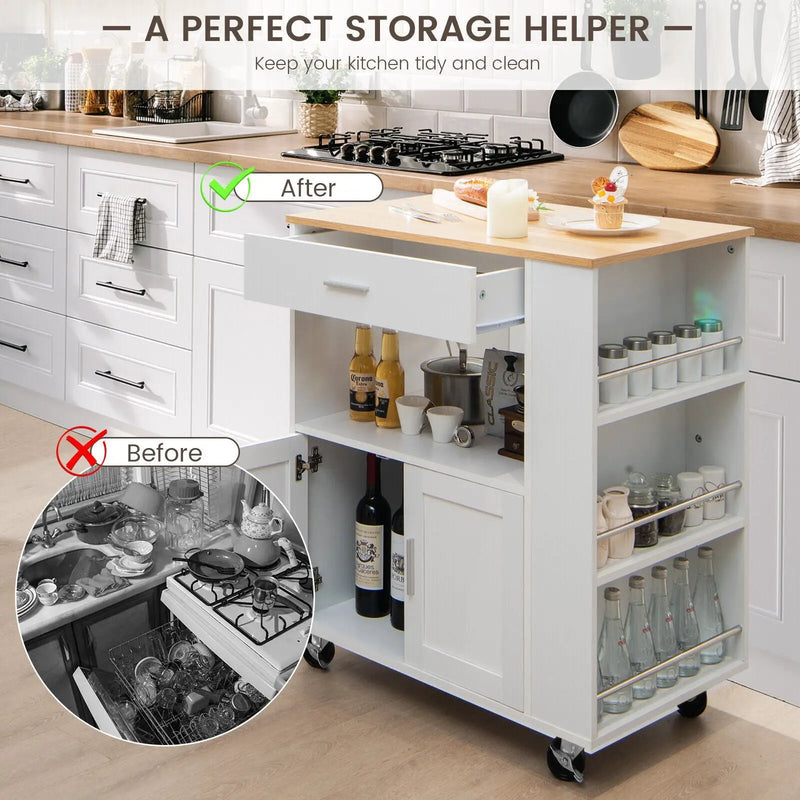 Rolling Kitchen Trolley with 3 Spice Racks Drawer and Open Shelf by DirectDeals