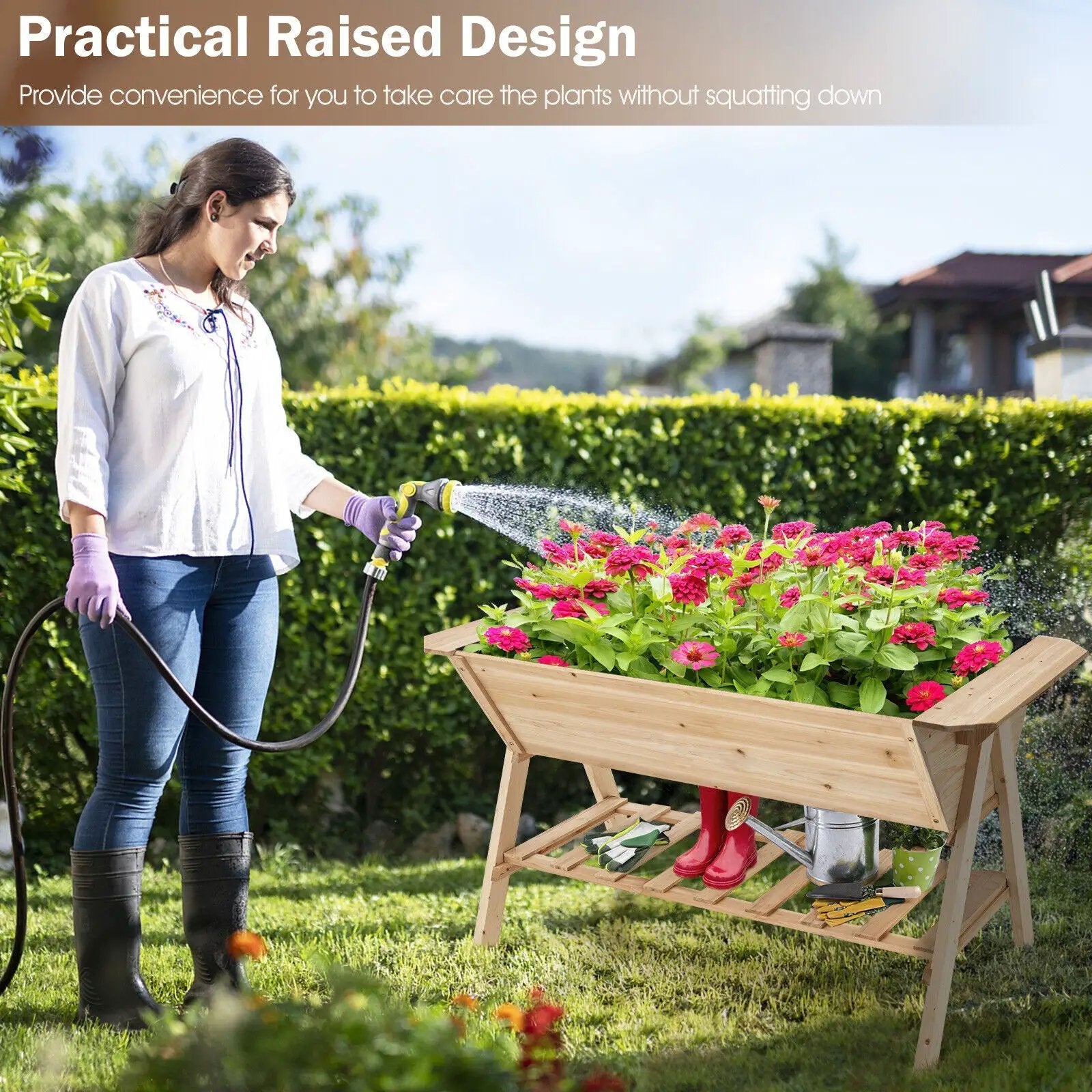 Raised Wood Garden Bed with Shelf and Liner by DirectDeals