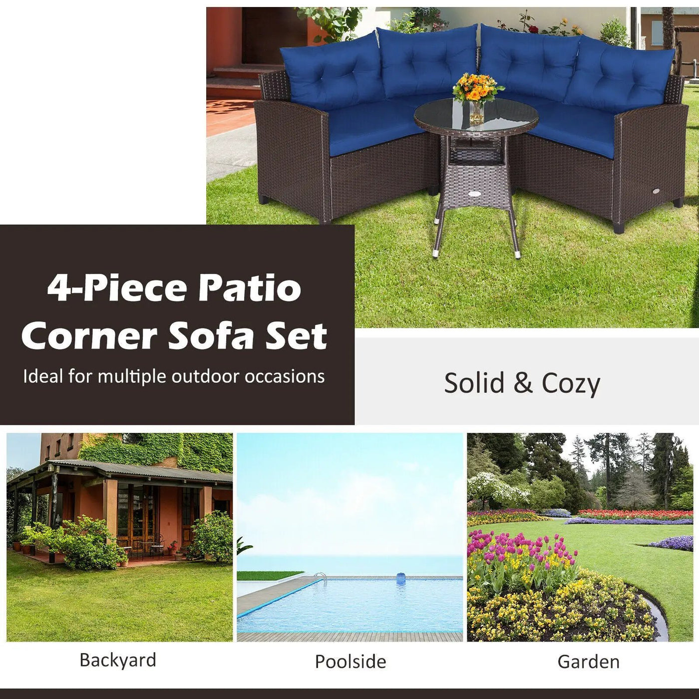 4 Pieces Patio Rattan Furniture Set Cushioned Sofa Glass Table by DirectDeals