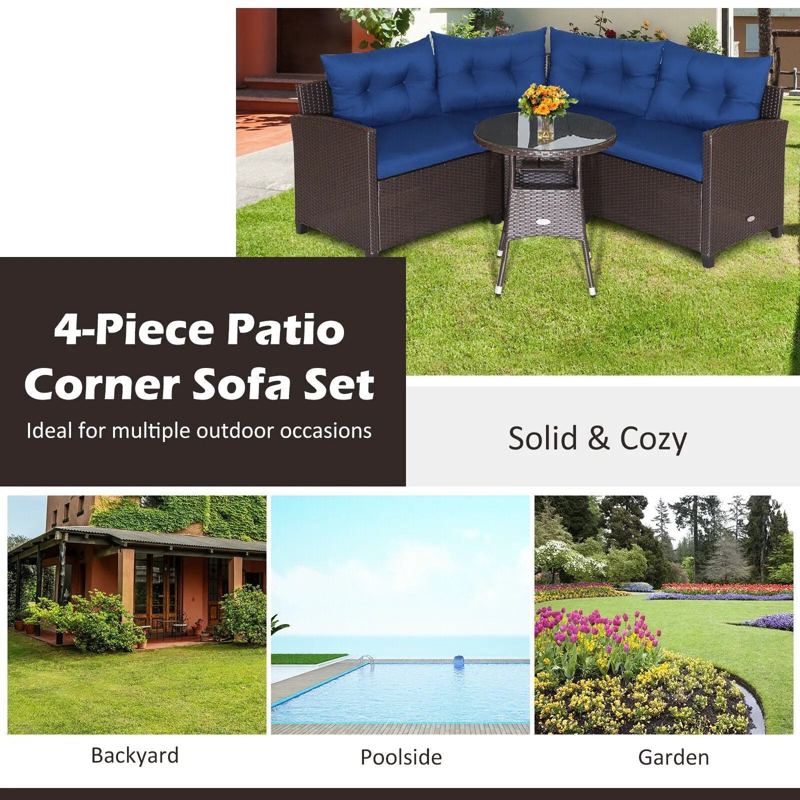 4 Pieces Patio Rattan Furniture Set Cushioned Sofa Glass Table by DirectDeals