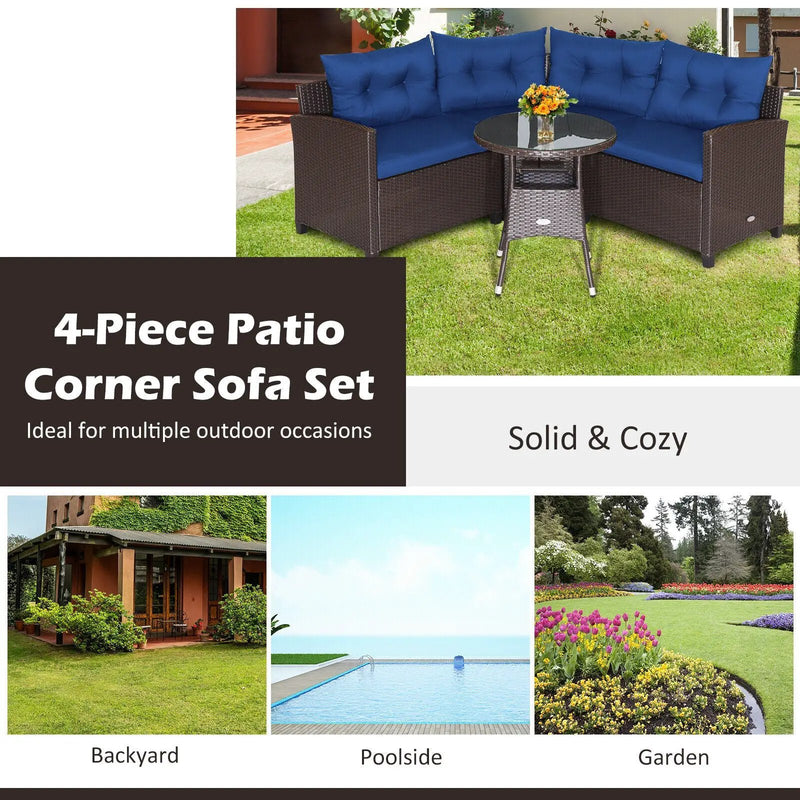4 Pieces Patio Rattan Furniture Set Cushioned Sofa Glass Table by DirectDeals