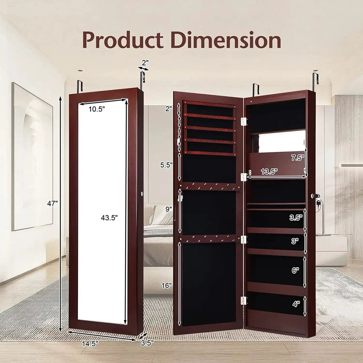 Lockable Wall Door Mounted Mirror Jewelry Cabinet w/LED Lights by DirectDeals