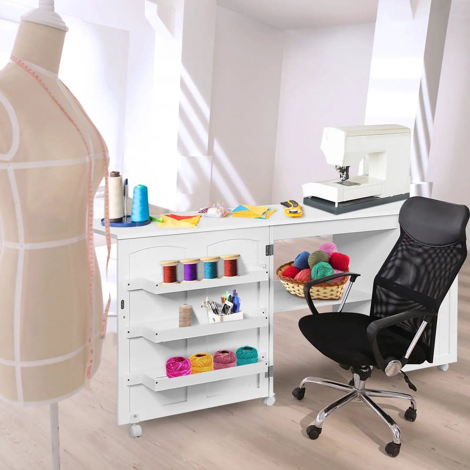 Folding Sewing Table Shelves Storage Cabinet Craft Cart with Wheels by DirectDeals