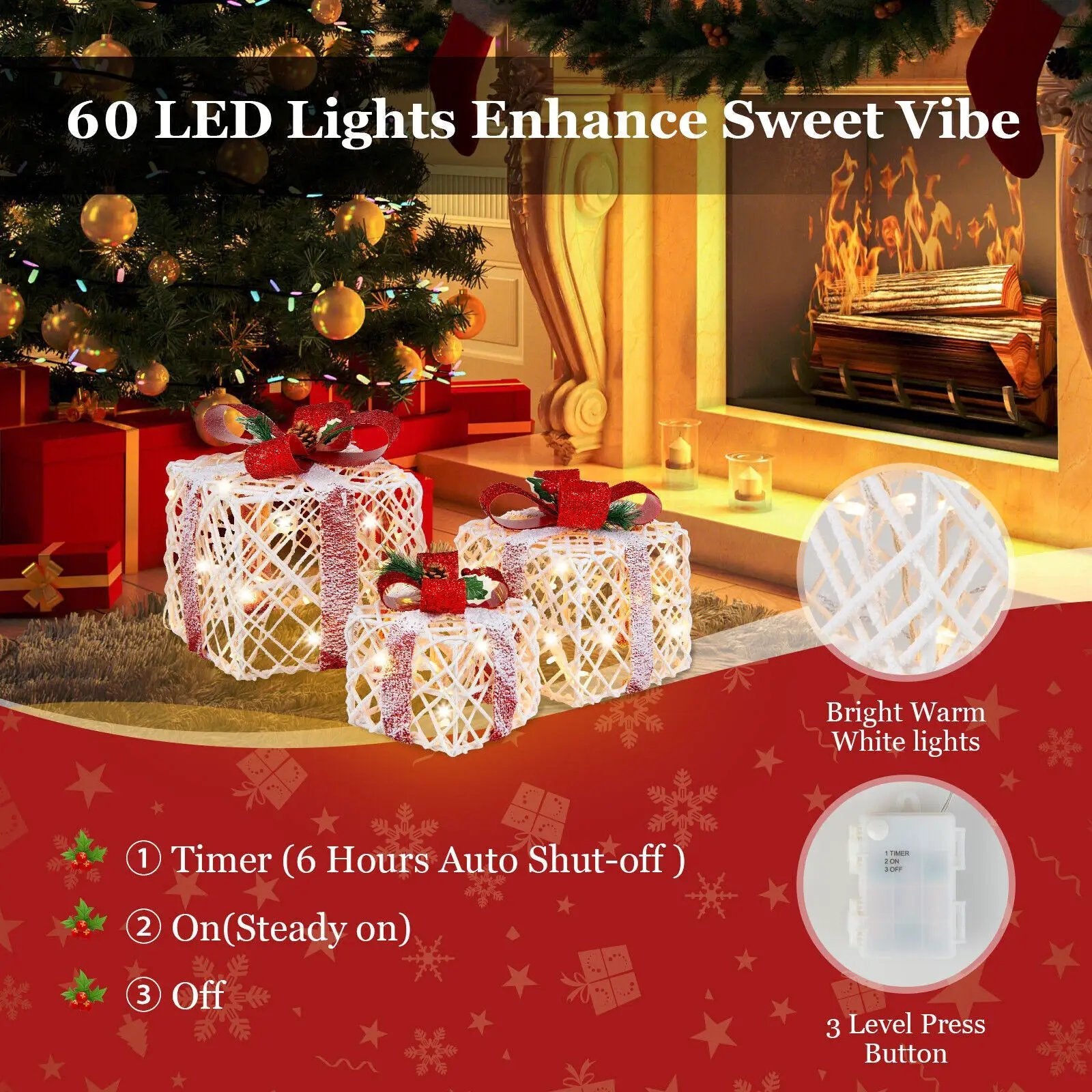 Set of 3 Christmas Lighted Gift Boxes Decorations with Red Bowknots by DirectDeals