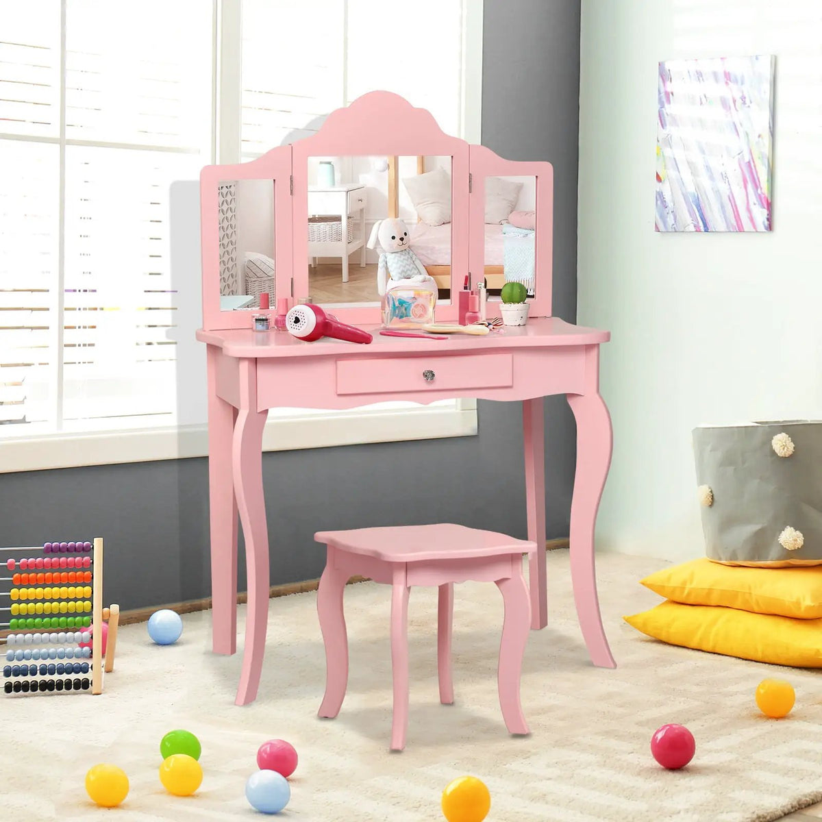 Kids Makeup Dressing Mirror Vanity Table Stool Set by DirectDeals
