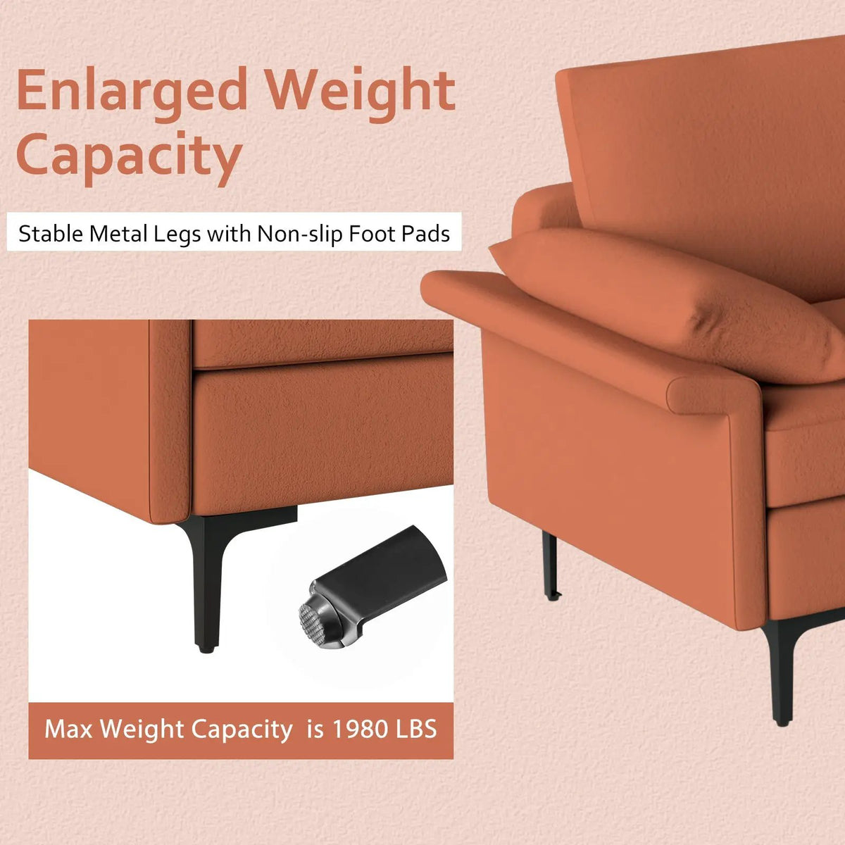 Large 3-Seat Sofa Sectional with Metal Legs and 2 USB Ports for 3-4 people by DirectDeals