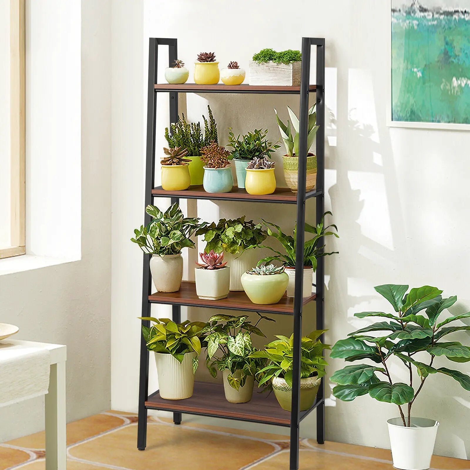 4-Tier Freestanding Open Bookshelf with Metal Frame and Anti-toppling Device-Rustic Brown by DirectDeals