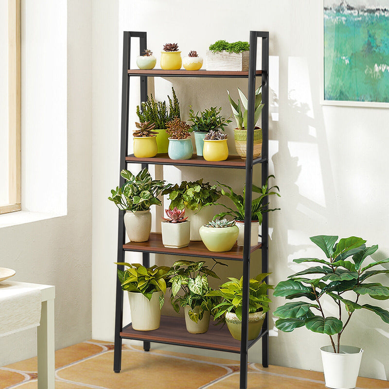 4-Tier Freestanding Open Bookshelf with Metal Frame and Anti-toppling Device-Rustic Brown by DirectDeals