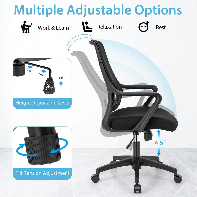 Modern Breathable Mesh Chair with Curved Backrest and Armrest-Black by DirectDeals
