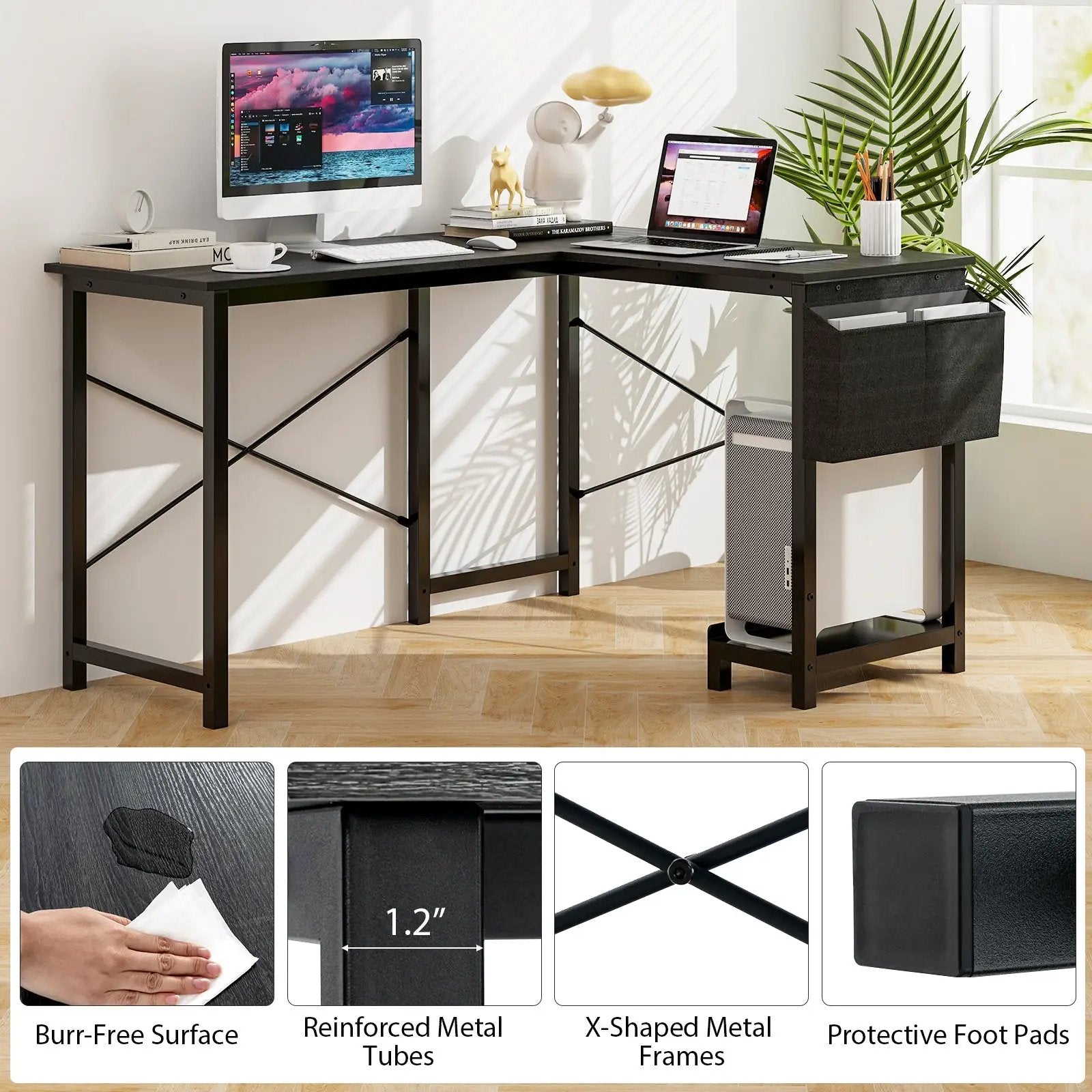 Modern Reversible Computer Desk with Storage Pocket and CPU Stand for Working Writing Gaming-Dark Gray by DirectDeals