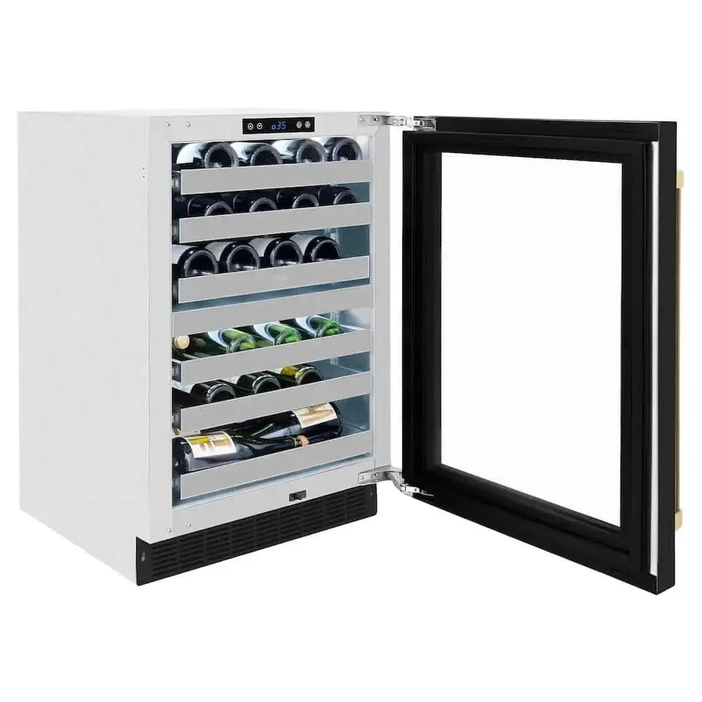 ZLINE 24" Touchstone Dual Zone 44 Bottle Wine Cooler Black Matte Glass Door Champagne Bronze Handle RWDOZ-BLM-24-CB by Farmhouse Kitchen and Bath
