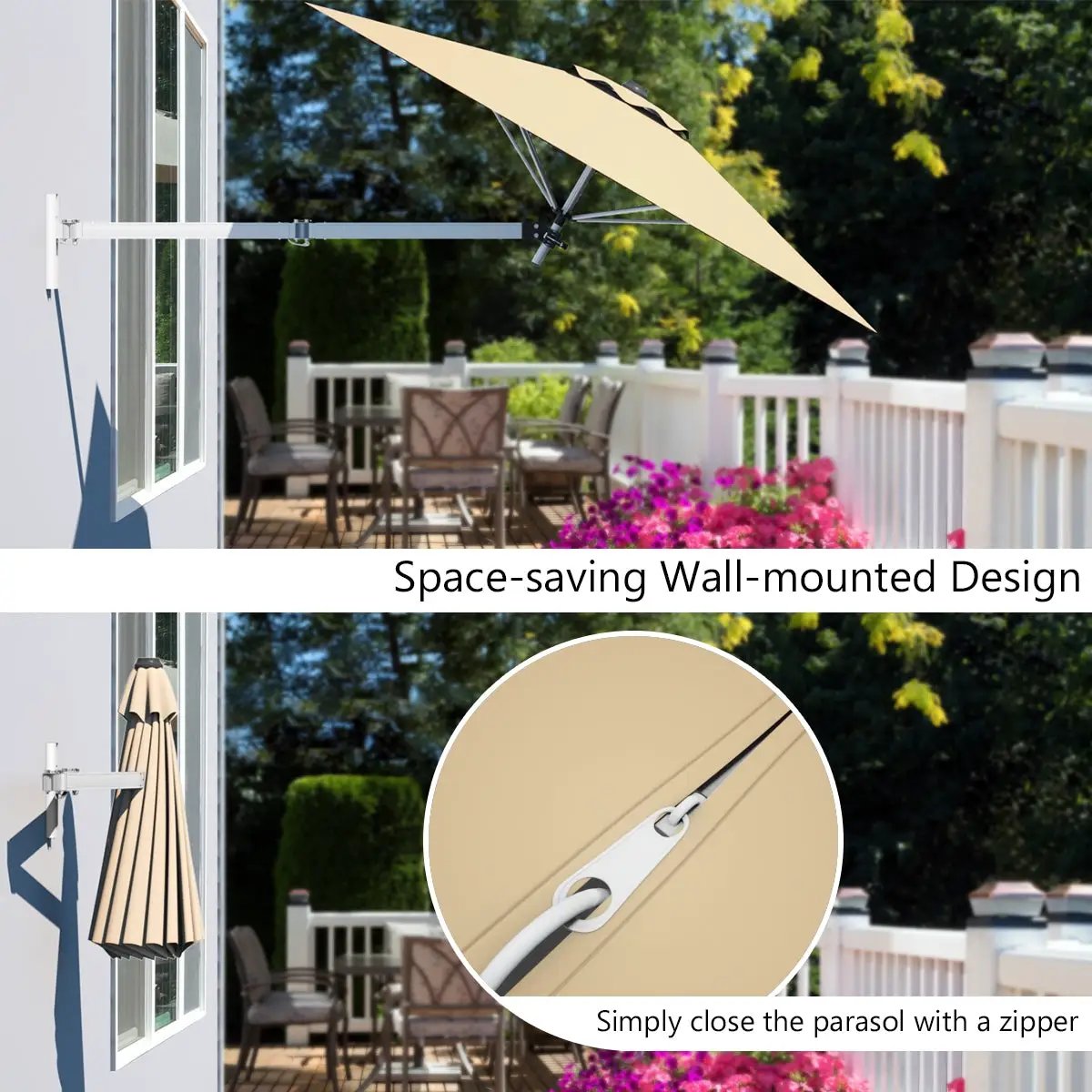 8ft Wall-Mounted Telescopic Folding Tilt Sun Shade Umbrella by DirectDeals