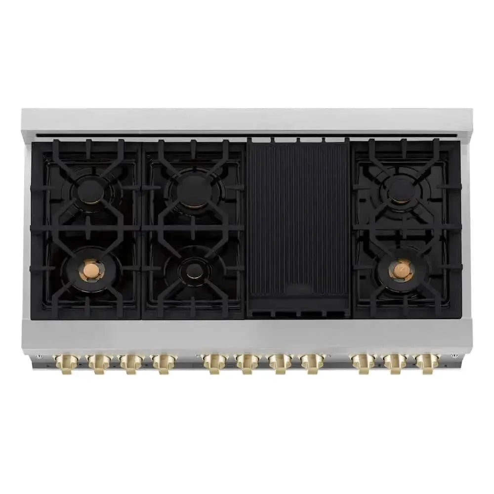 ZLINE 48" Autograph Dual Fuel Range, Black, Gold, RAZ-BLM-48-G by Farmhouse Kitchen and Bath