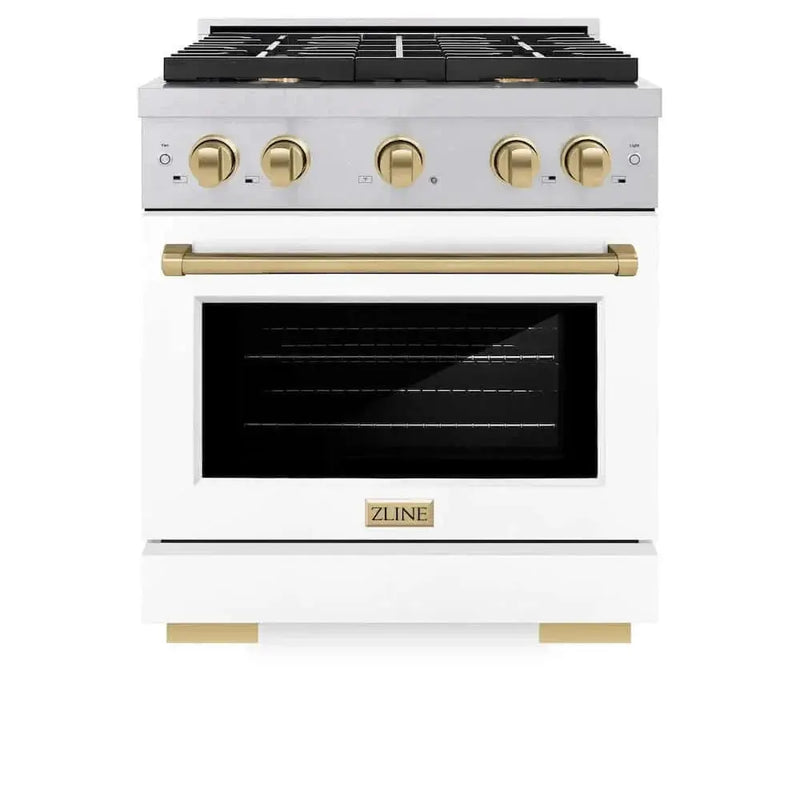 ZLINE 30"Gas Range, Convection Gas Oven, DuraSnow® White Matte, Champagne Bronze SGRSZ-WM-30-CB by Farmhouse Kitchen and Bath