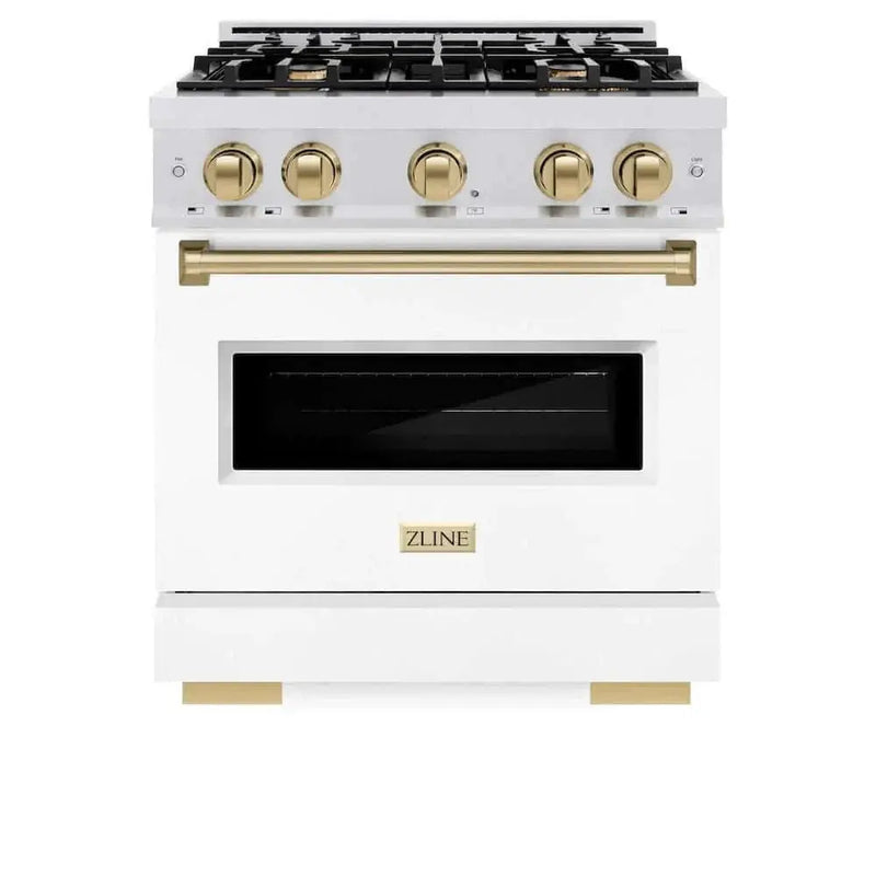 ZLINE 30" Dual Fuel Range, Gas Cooktop, Electric Convection Oven DuraSnow® Stainless Steel, White Matte Door, Champagne Bronze CDRSZ-WM-30-CB by Farmhouse Kitchen and Bath