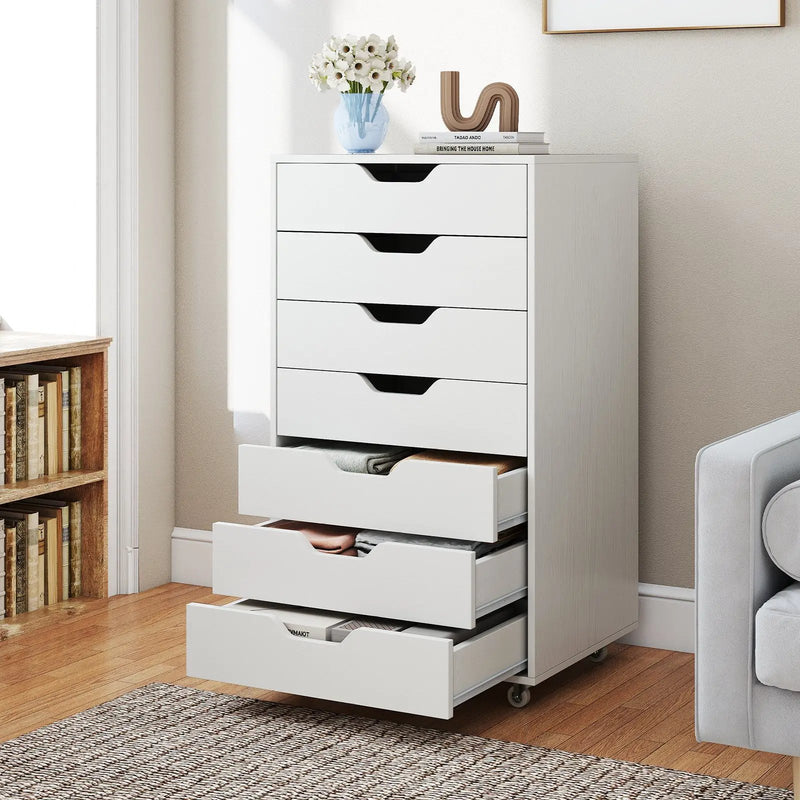 7-Drawer Chest Wooden Storage Dresser with Lockable Wheels by DirectDeals