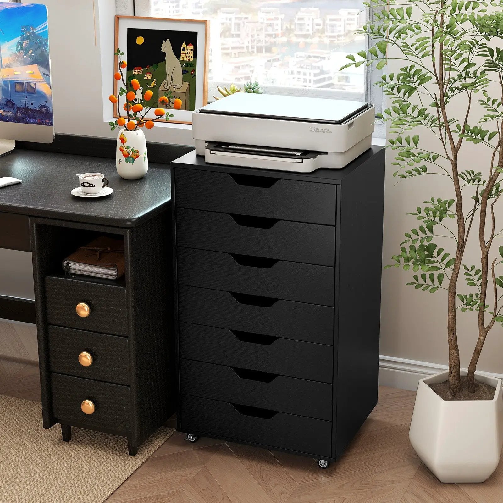 7-Drawer Chest Wooden Storage Dresser with Lockable Wheels by DirectDeals