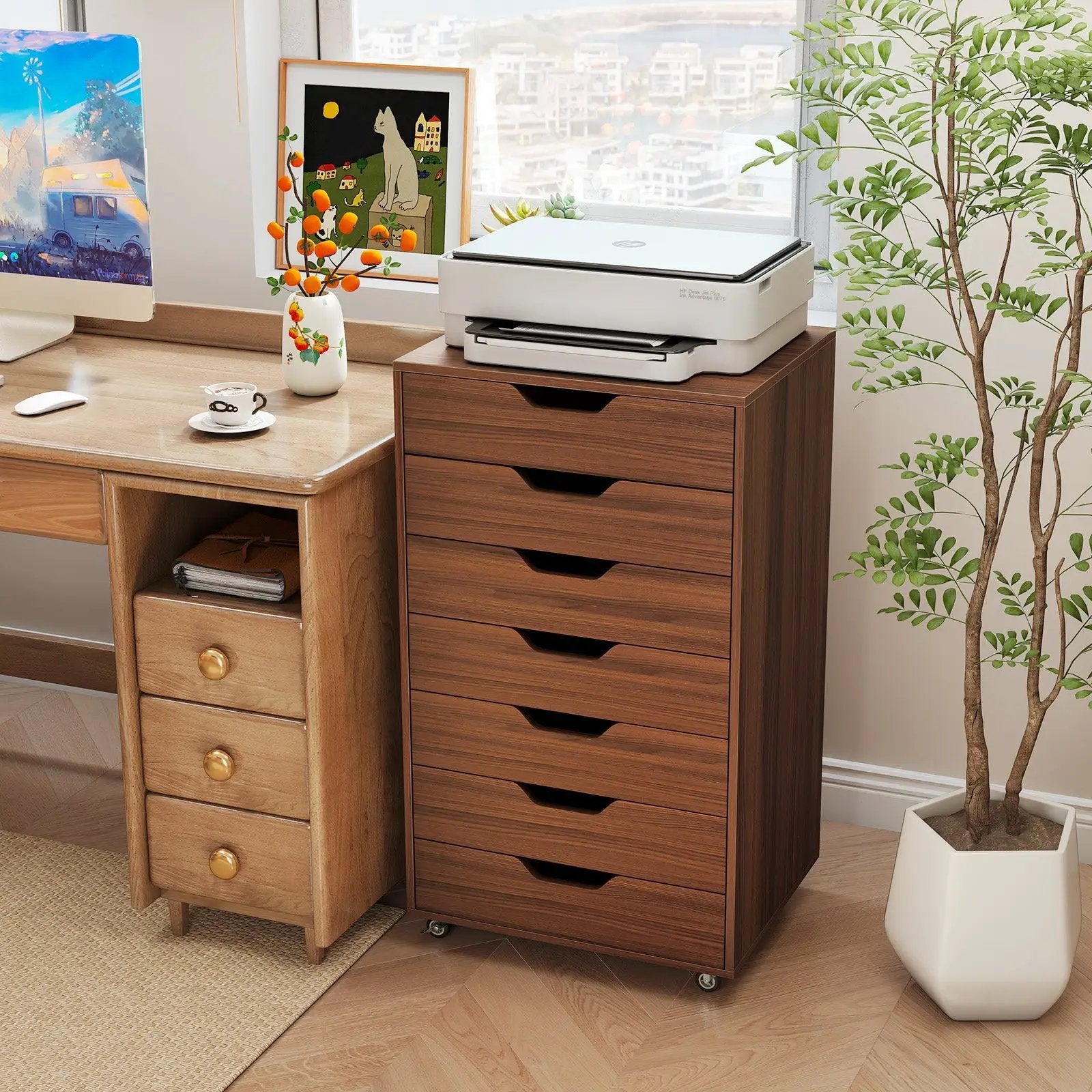 7-Drawer Chest Wooden Storage Dresser with Lockable Wheels by DirectDeals