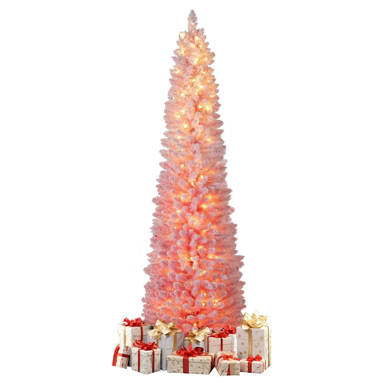 6 FTSnow-flocked Artificial Pink Christmas Tree Pre-lit Hinged Xmas Tree for Holiday Decoration by DirectDeals