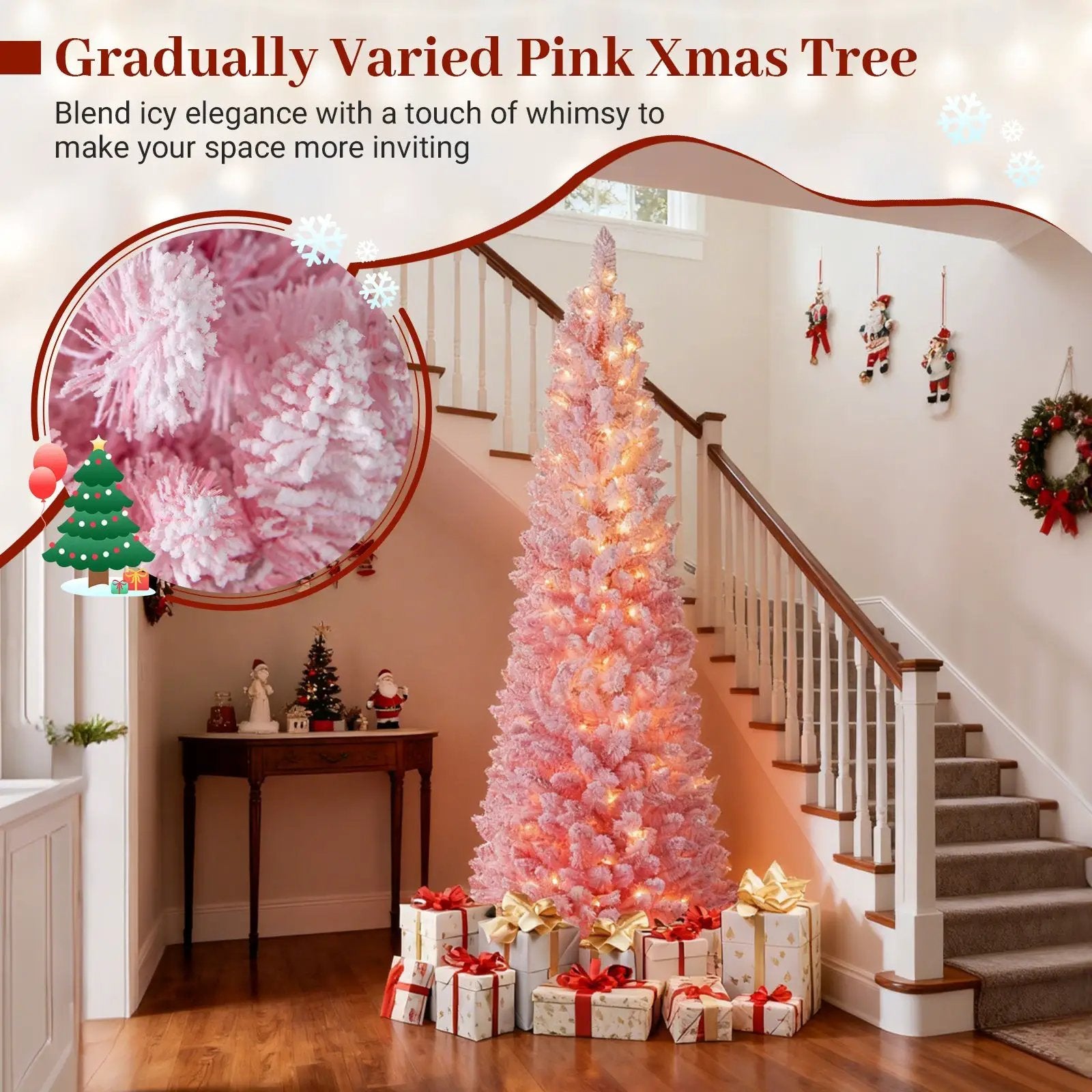 6 FTSnow-flocked Artificial Pink Christmas Tree Pre-lit Hinged Xmas Tree for Holiday Decoration by DirectDeals