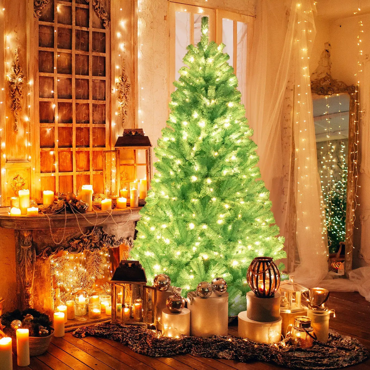 6/7 FT Blue Artificial Christmas Tree with 280/380 Warm White LED Lights and Foldable Metal Stand by DirectDeals