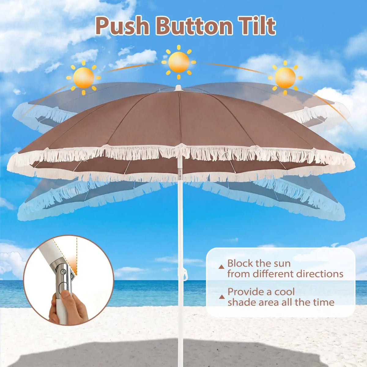 7 FT Patio Umbrella with Fringe Boho Tassel Umbrella for Outdoor Beach Garden Poolside by DirectDeals