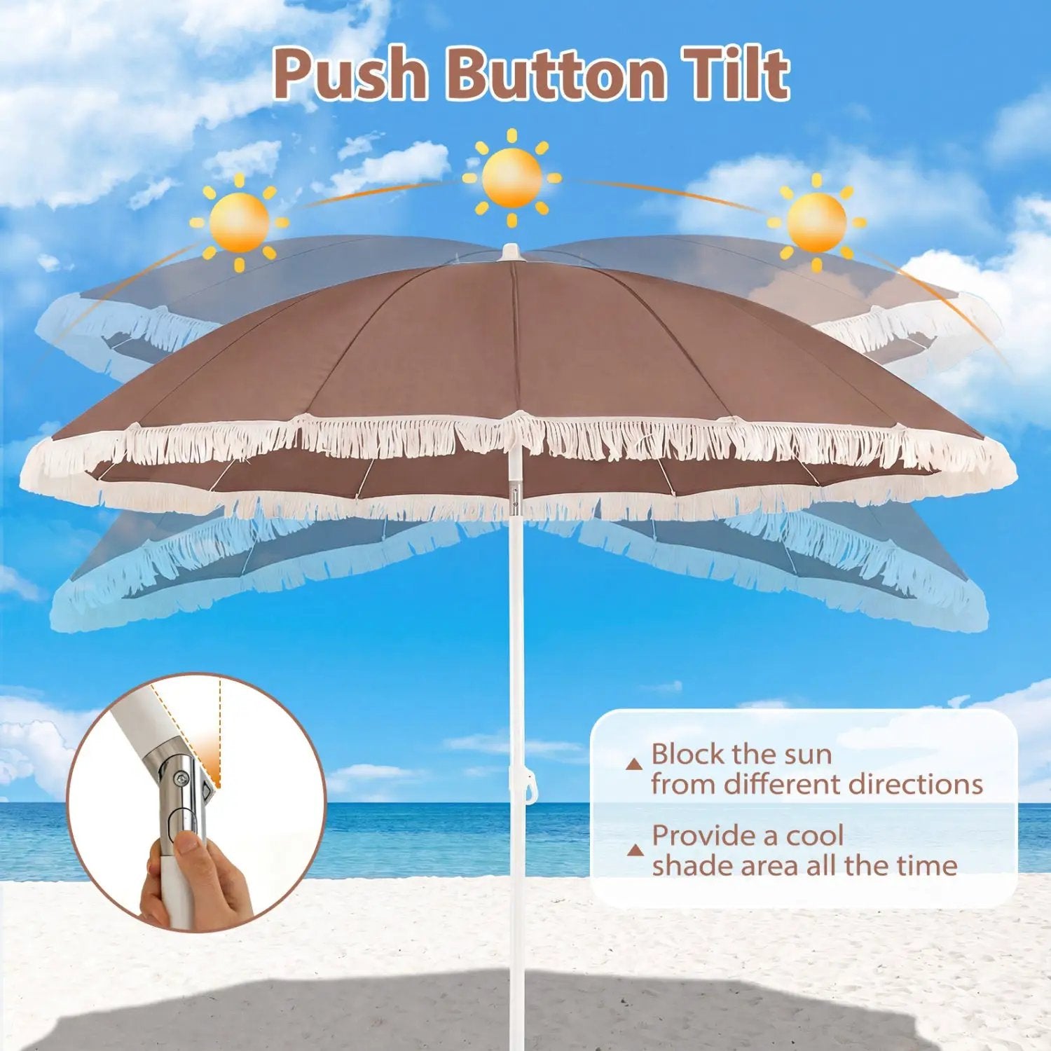 7 FT Patio Umbrella with Fringe Boho Tassel Umbrella for Outdoor Beach Garden Poolside by DirectDeals