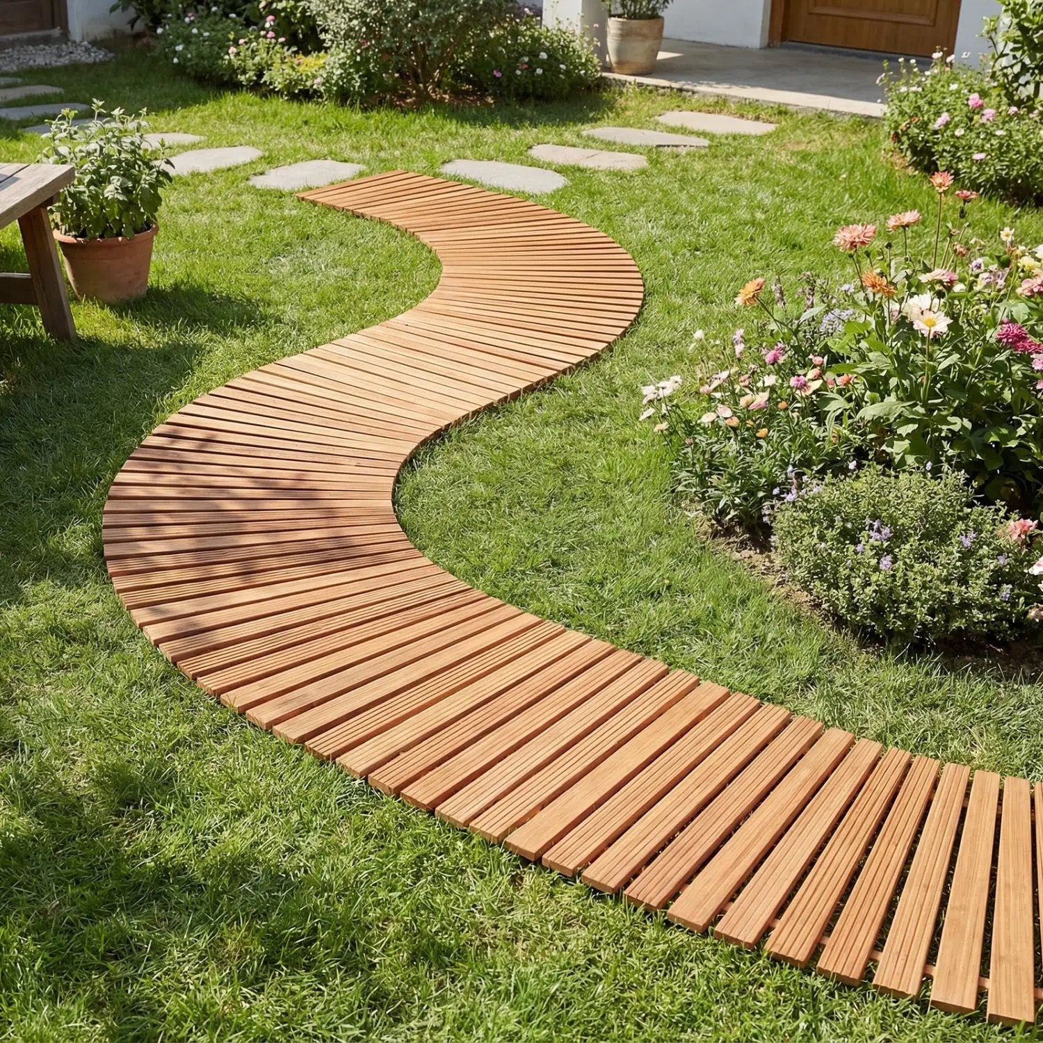 7 FT Wooden Garden Pathway with Anti-slip Surface for Gardens Patios by DirectDeals