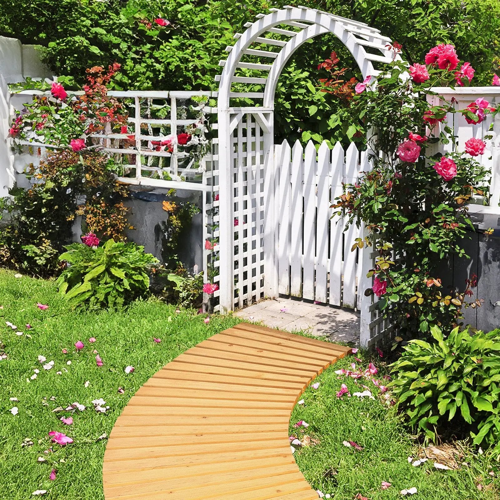 7 FT Wooden Garden Pathway Roll Out Curved Fir Wood Walkway with Anti-slip Surface-Natural by DirectDeals