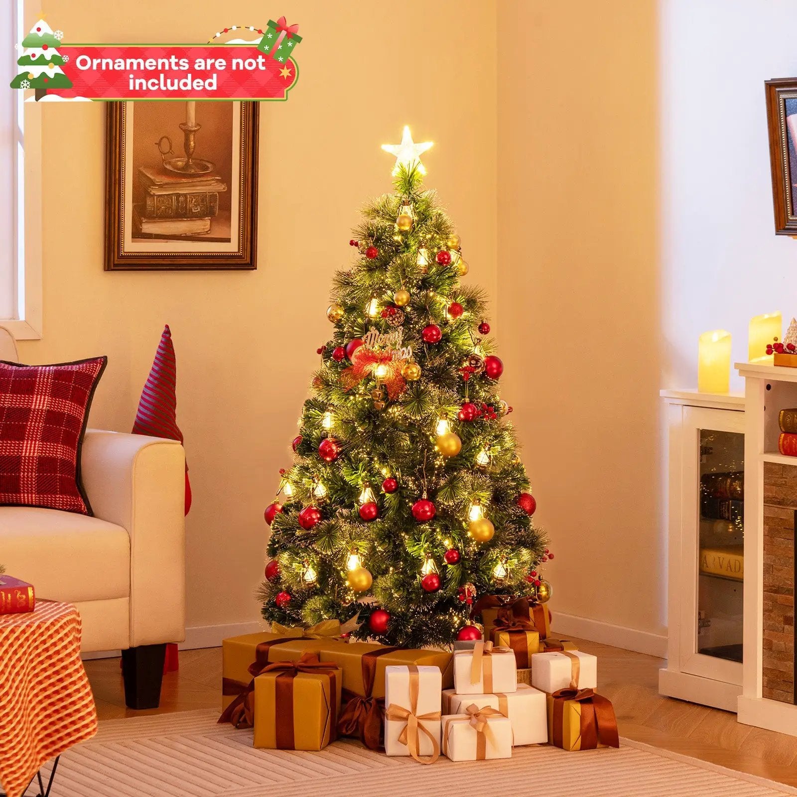 5/6/7 Feet Artificial Christmas Tree with Red Berries and Kerosene Lamps by DirectDeals