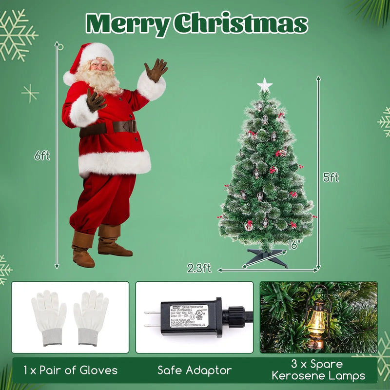 5/6/7 Feet Artificial Christmas Tree with Red Berries and Kerosene Lamps by DirectDeals