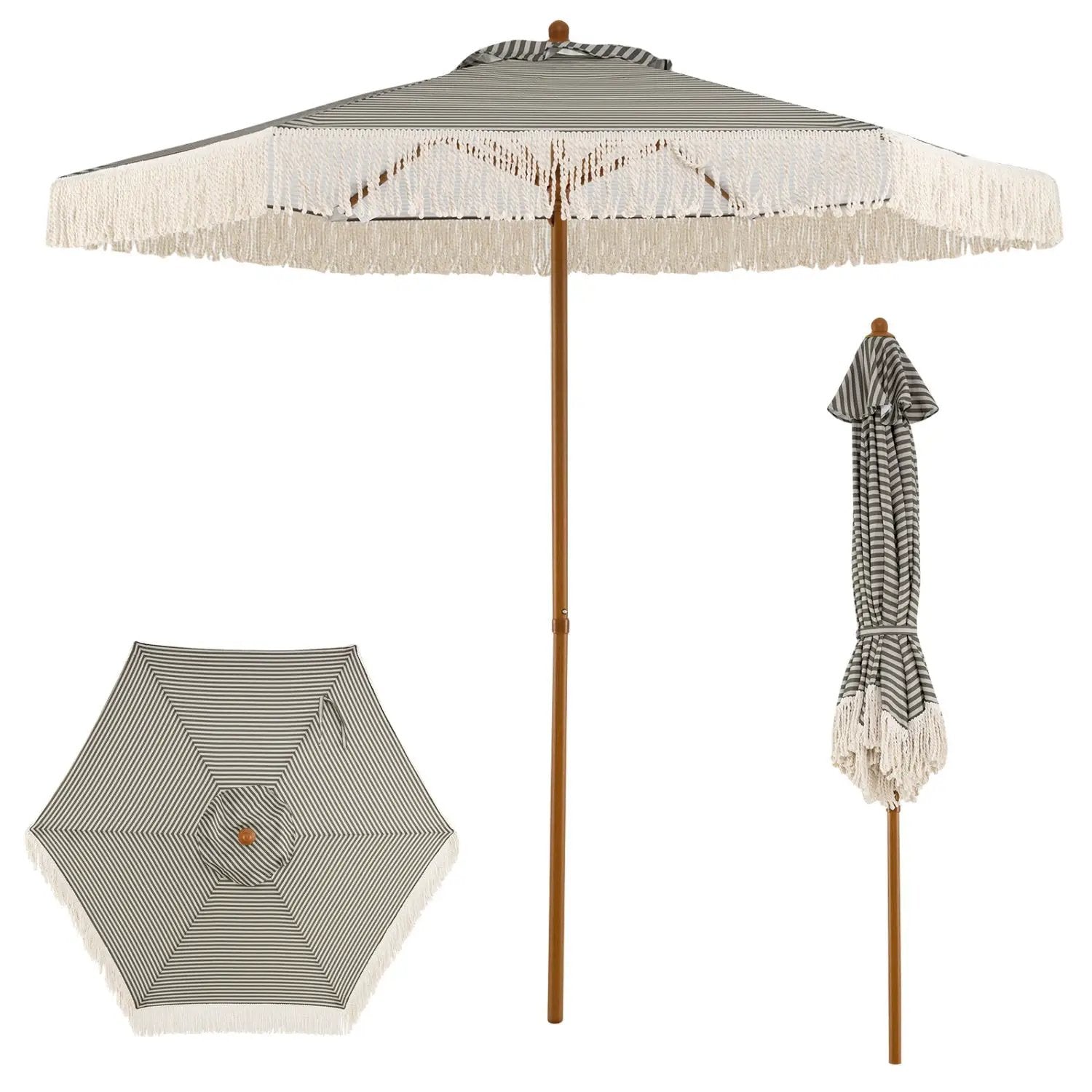 7 Feet Patio Umbrella with Fringe Sun-Protective Beach Umbrella with Boho Tassel by DirectDeals