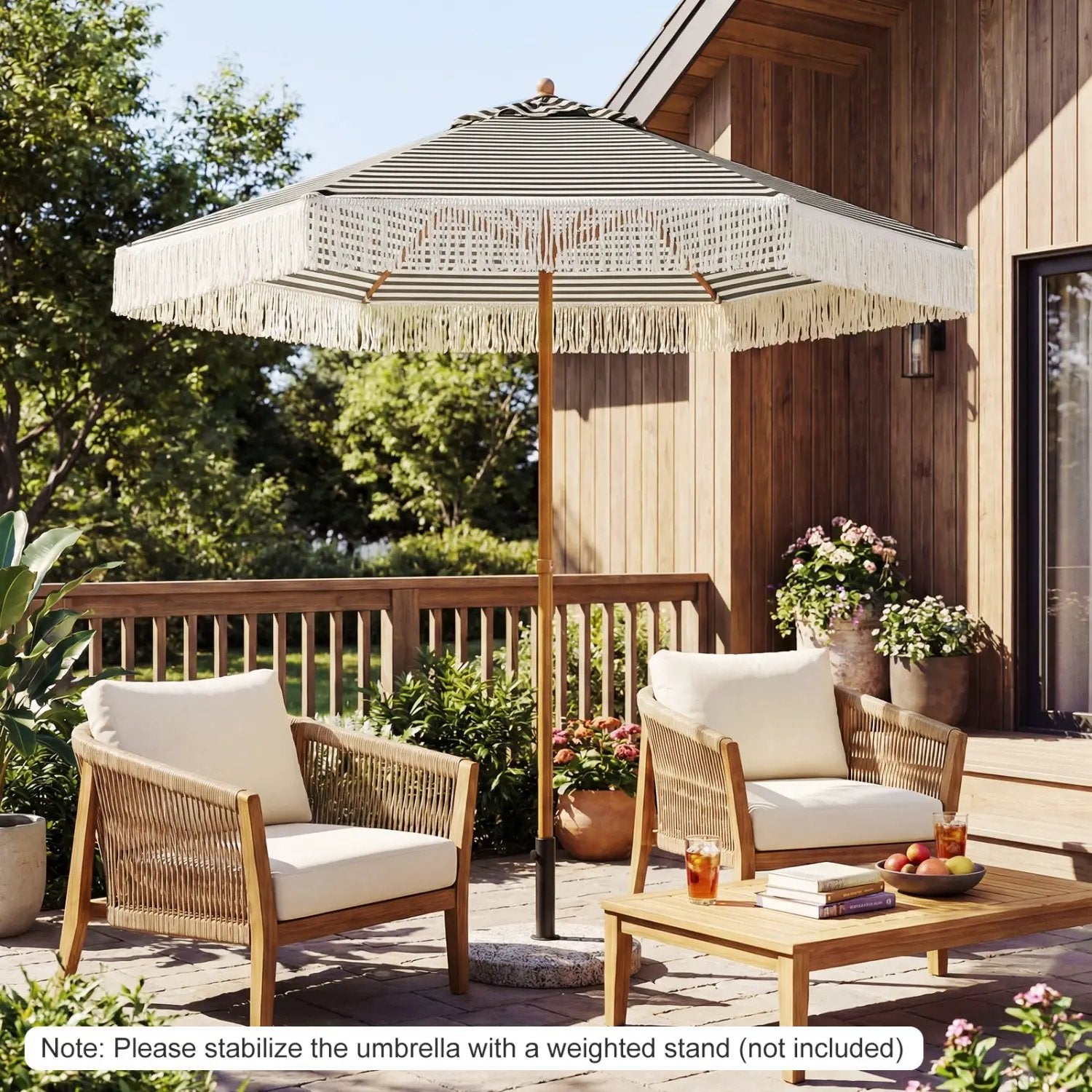 7 Feet Patio Umbrella with Fringe Sun-Protective Beach Umbrella with Boho Tassel by DirectDeals