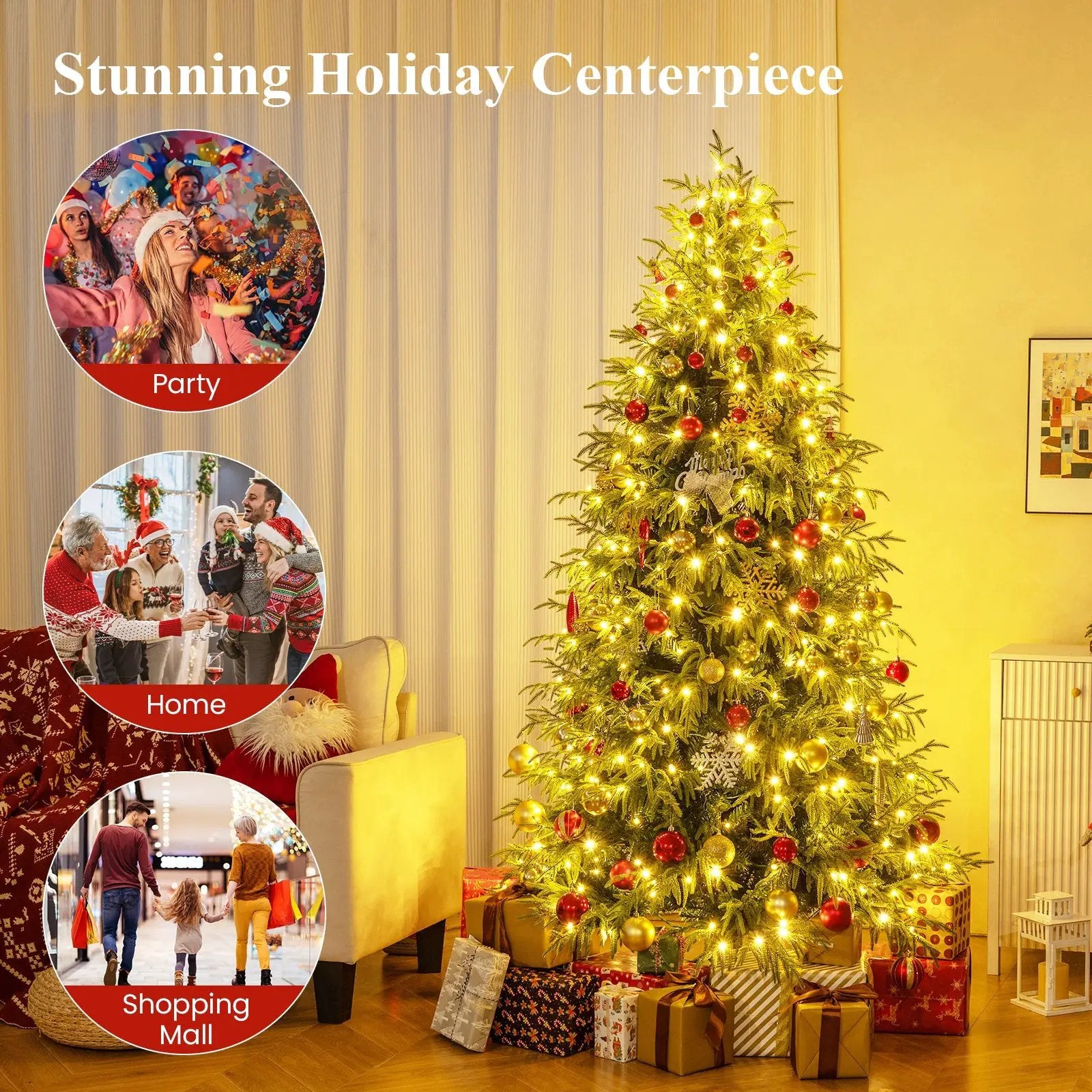 7 Feet Pre-Lit Artificial Christmas Tree Hinged Faux Xmas Tree with Soft Branch Tips by DirectDeals