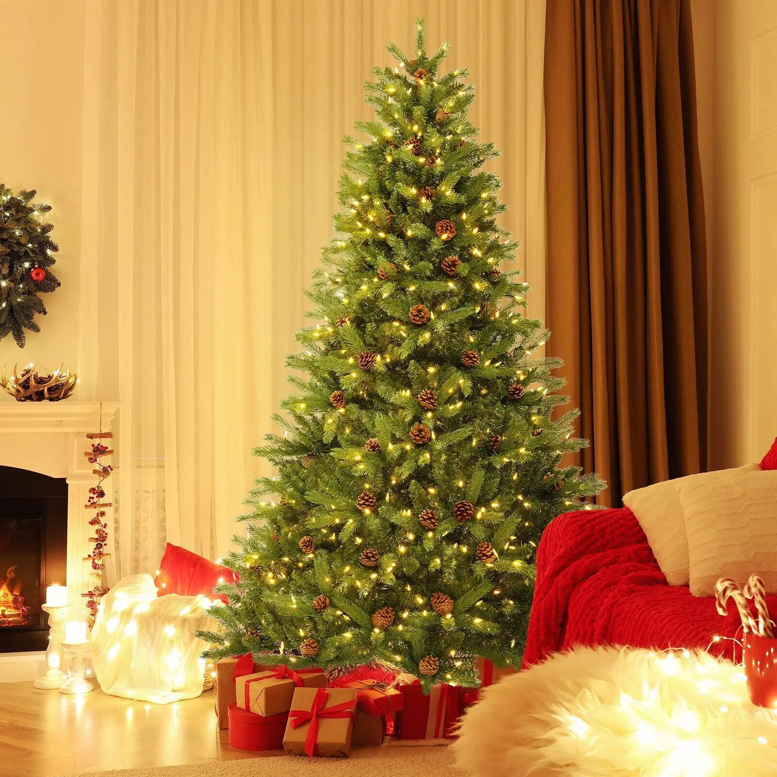 6/7 FT Artificial Christmas Tree with Pine Cones and Adjustable Brightness by DirectDeals
