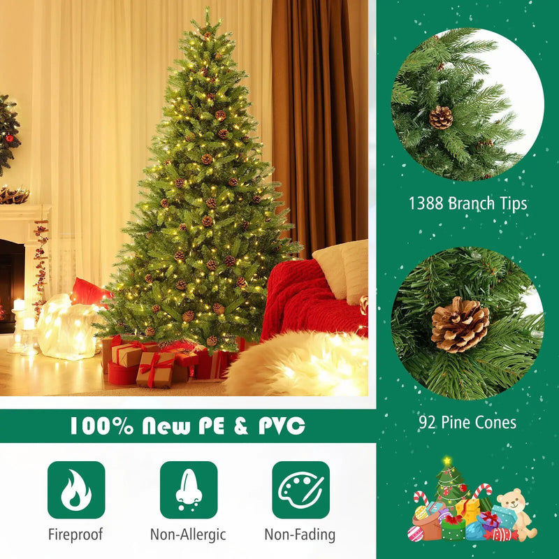 6/7 FT Artificial Christmas Tree with Pine Cones and Adjustable Brightness by DirectDeals