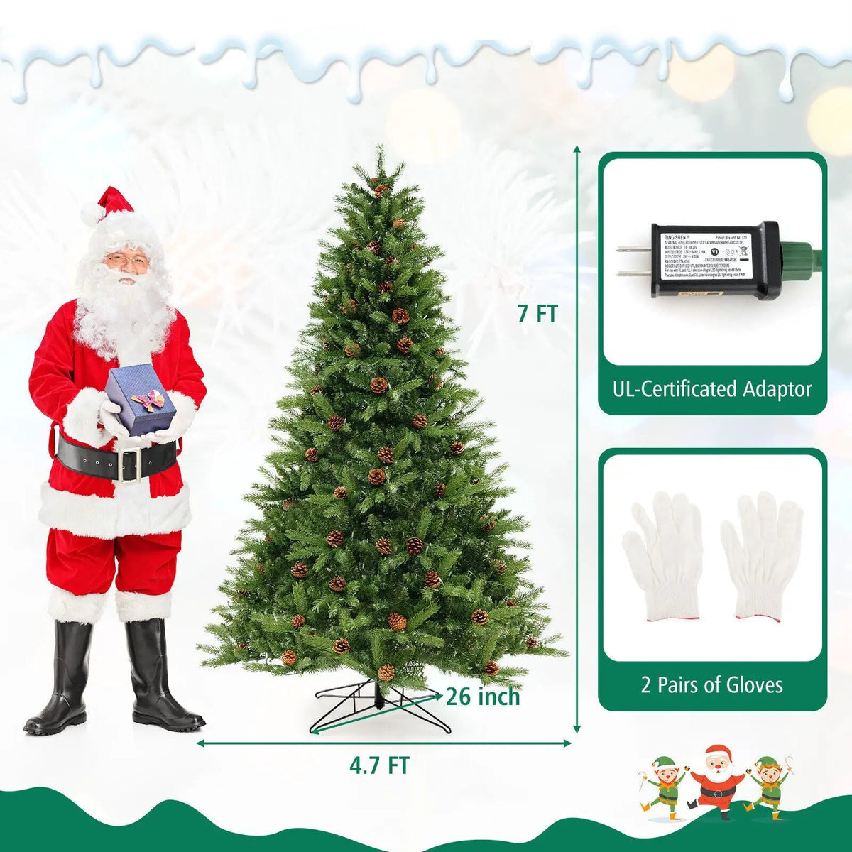 6/7 FT Artificial Christmas Tree with Pine Cones and Adjustable Brightness by DirectDeals