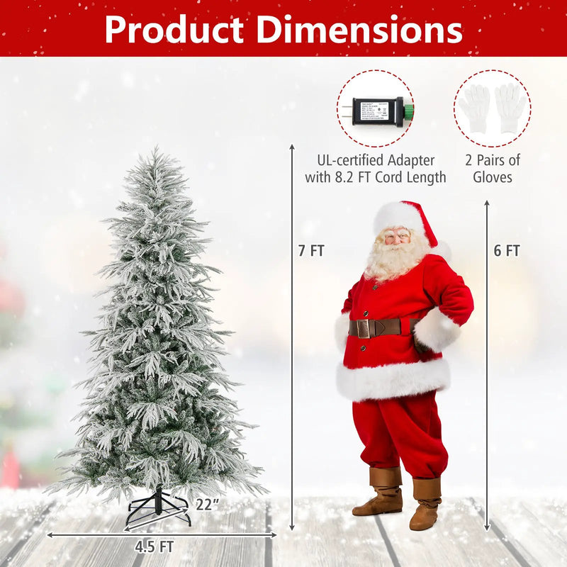 7 Feet Snow-flocked Artificial Christmas Tree Pre-lit Hinged Xmas Tree with Warm White LED Lights by DirectDeals
