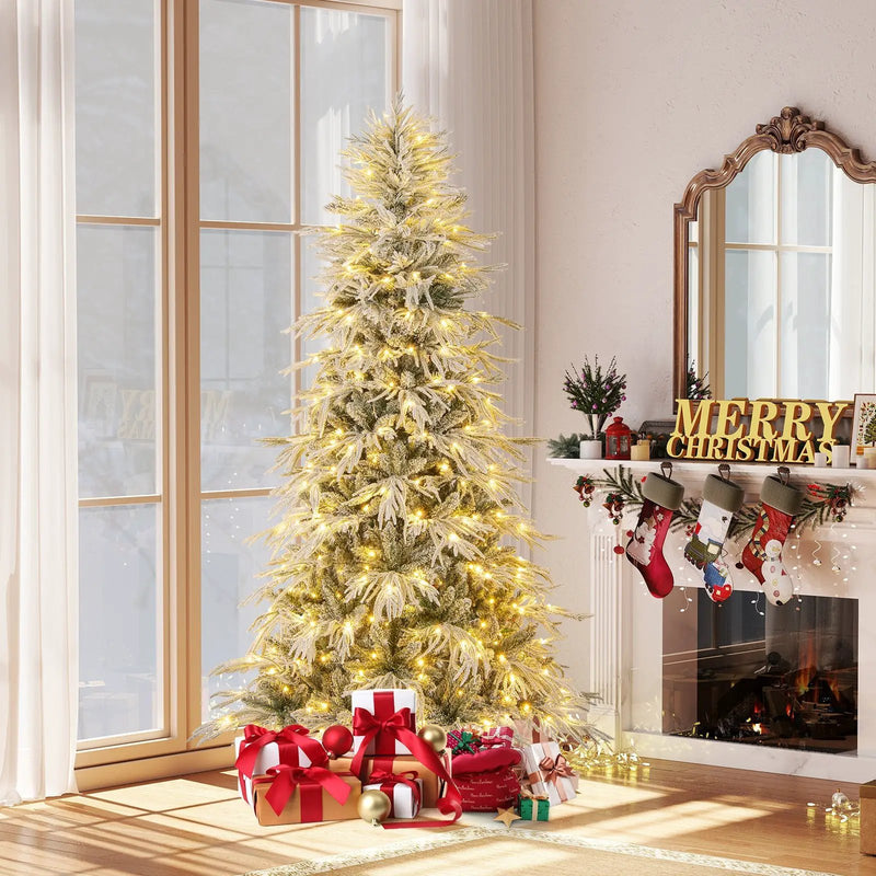 7 Feet Snow-flocked Artificial Christmas Tree Pre-lit Hinged Xmas Tree with Warm White LED Lights by DirectDeals