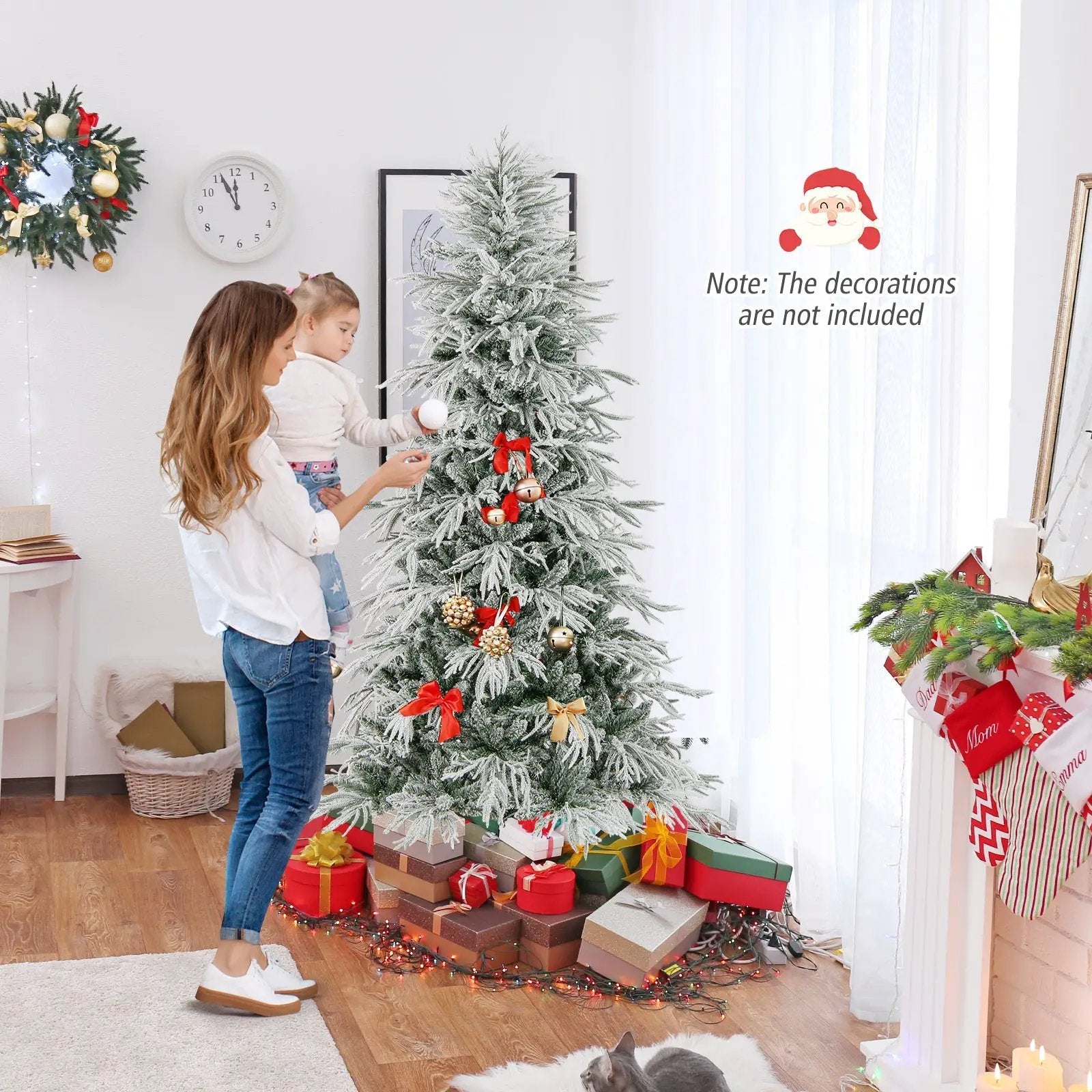 7 Feet Snow-flocked Artificial Christmas Tree Pre-lit Hinged Xmas Tree with Warm White LED Lights by DirectDeals